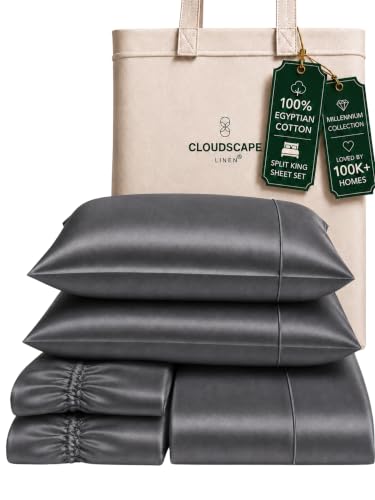 "CLOUDSCAPE LINEN Split King Sheets Set Egyptian Cotton Bedding 5-Piece - Cooling Sateen Weave Cotton Sheet Set for Bed - Durable Long Staple Dual-Ply - Fits 17"" Deep Mattress - Charcoal"