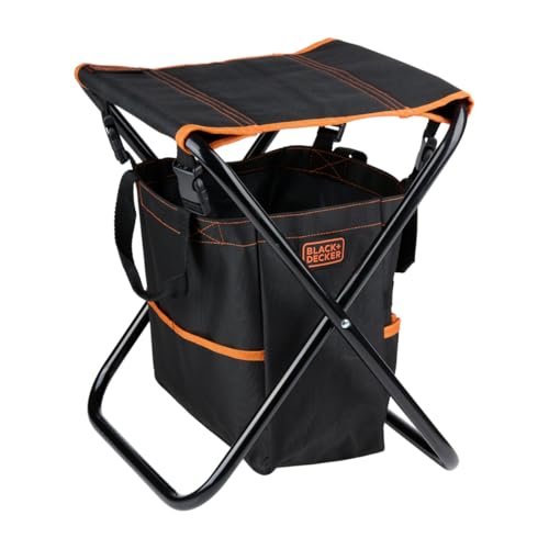 BLACK+DECKER Garden Stool with Tool Bag - Foldable Garden Chair with Removable Bag and 7 Compartments - Metal Frame Load 80kg - Compact Garden Bench for Gardening and Outdoor Jobs