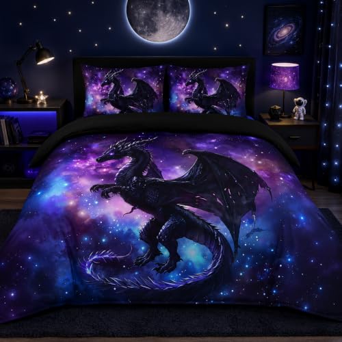 CCoutueChen Kids Full Size Bedding Set - Dragon Space Comforter Set - Boys Teens Bedding, Lightweight Down Comforter for Summer, 100% Washed Microfiber, Purple Blue