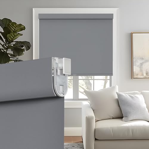 "Persilux No Drill No Tools 100% Blackout Roller Blinds for Indoor windows, Free-Stop Cordless Roller Shades for Windows, Thermal Insulated Fabric Window Blinds for Home Bedroom (Grey, 23.5""W x 72""H)"