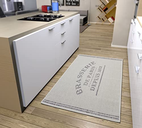 HANSE Home Brasserie de Paris Kitchen Runner - Kitchen Rug Runner Rug with Lettering, Non-Slip, Easy Care, Robust, Oeko-Tex Rug Runner for Kitchen, Hallway, Dining Room - Cream Grey, 92 x 150 cm