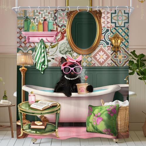 "Riyidecor Cat Kids Pink Black Bathtub Kitten Bathroom Shower Curtain Set - 60""W x 72""L shower curtain??? Cartoon Animal: HD waterproof print, quick-dry cloth, free hooks for easy installation."