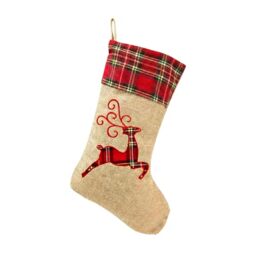 SHATCHI 45cm Large Reindeer Xmas Stocking, Burlap Hessian Linen Hanging Christmas Sack Sock with Festive Printed Design, Reusable Fireplace Stocking for Sweets, Toys and Holiday Home Decorations