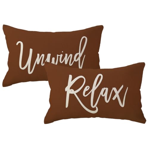 Relax Unwind Throw Pillow Covers 12x20 Farmhouse Spring Summer Decorative Lumbar Pillowcases Porch Patio Cushion Covers 2Pack for Bedroom Living Room Sofa Couch Home Decor (Coffee)