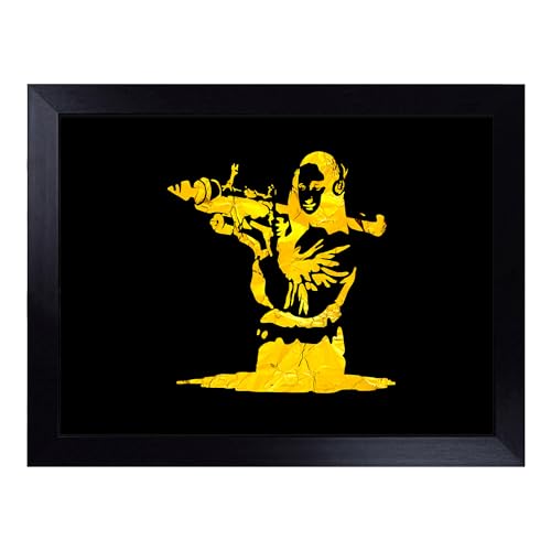 Lap Tray with Bean Bag Cushion, Banksy In Gold Mona Lisa Bazooka Graffiti - Handmade in the UK, Raised Wooden Edge, Padded Cushion, Heat-Resistant Wipe-Clean Surface, for Meals, Laptops and Crafts