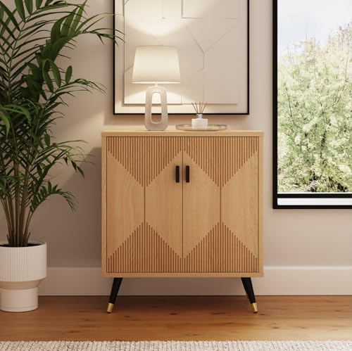 GFW Amara Sideboard, Oak Effect Storage Cabinet with Geometric Doors, Black Metal Legs with Brass Tips, Modern Living Room and Hallway Furniture