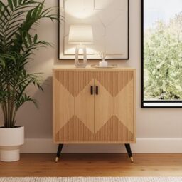 GFW Amara Sideboard, Oak Effect Storage Cabinet with Geometric Doors, Black Metal Legs with Brass Tips, Modern Living Room and Hallway Furniture