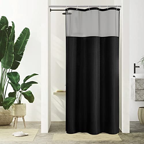 Gibelle Small Stall Shower Curtain 36 x 72, Narrow Half Waffle Weave Fabric Shower Curtain with Mesh Top Window and Hooks Set, Hotel Style Bathroom Design, Black
