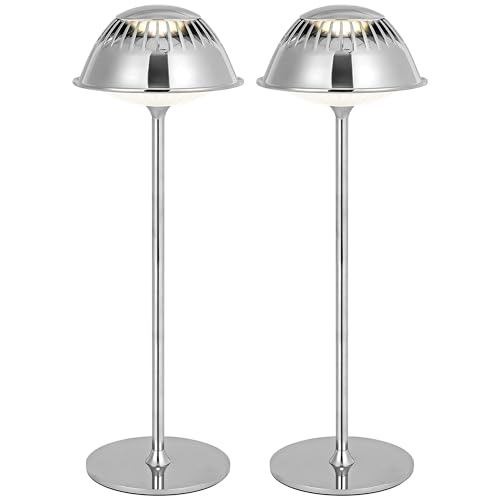 LuminexDesigns 2-Pack Rechargeable LED Table Lamp – Modern Cordless Touch Dimmable, Sleek Silver Metal Stylish Design, Chrome Accent Lamp for Bedside, Living Room, Office, Study, Café & Bar