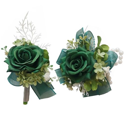 MAFELOE Corsage and Boutonniere Set for Wedding Prom Party Homecoming Celebration Artificial Flower Accessories Suit Decor 2Pcs - Dark Green