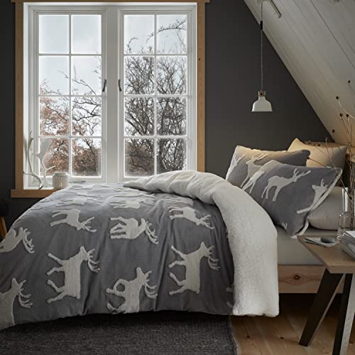 Catherine Lansfield Bedding Stag Sherpa Jacquard King Duvet Cover Set with Pillowcases Grey, Duvet Set, King Duvet Set
