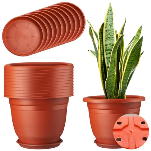 Sunnychicc 12 Pack Plastic Plant Pots Round Planter Pots with Saucer Tray Seedling Pots with Holes Seed Resin Plant Pot Starting Nursery Flower Container with Pallet for Garden Outdoor Indoor (10'')