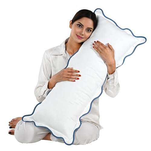 "Ridhi White with Blue Scalloped 100% Cotton 400 TC Throw Pillow Covers 14""x36"" Solid Pure Farmhouse Case Soft Home Decor for Sofa, Bed, Couch, Living Room Gift for Spring, Easter, Valentine"
