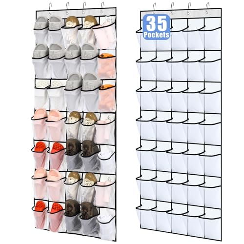 Windyun 2 Pcs 70 Large over The Door Shoe Organizer Hanging Shoe Rack for Closet Holder White Mesh Pockets Back to School Behind Door Hanger Storage Nonslip for Home Room School Dorm, Each 35 Pockets