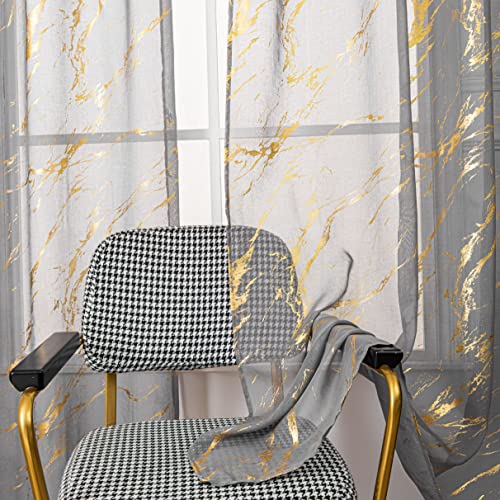 "Sutuo Home Marble Sheer Curtains 84 Inch Length 2 Panels Set, Gold Foil Print Metallic Bronzing, Privacy Window Treatment Abstract Drape Pair for Bedroom Kitchen Living Room 52"" W x 84"" L, Dark Grey"