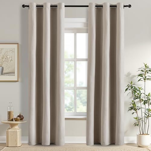DONREN Thermal Insulated Linen Full Blackout Curtains 37x90 Inches, Grommet Room Darkening Drapes for Bedroom & Living Room, 2 Panels, Sand Beige