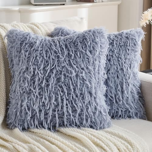 FUTEI Grey Blue Decorative Throw Pillow Covers 18x18 Inch Set of 2,Soft Fluffy Faux Feather Texture Cushion Cases,Modern Home Luxury Decor for Couch Bed Living Room