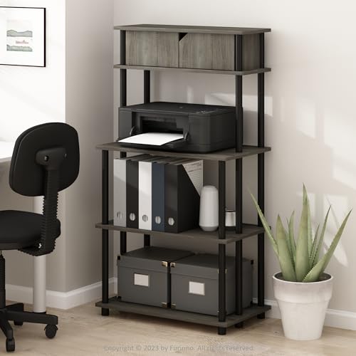 Furinno TURN-N-TUBE Printer Stand with Storage, 5-Tier Large Printer Stand, Standing Printer Table with Top Cabinet, for CPU, Office Supplies, Home Office, French Oak Grey