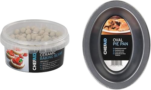 Chef Aid Reusable Ceramic Baking Beans and Blind weights in storage tub, Oven Beads Prevent Pastry shrinkage, Blind bake Quiche, Pies, and Tarts, Approx 500 g. + Chef Aid Non-stick Oval Pie Dish