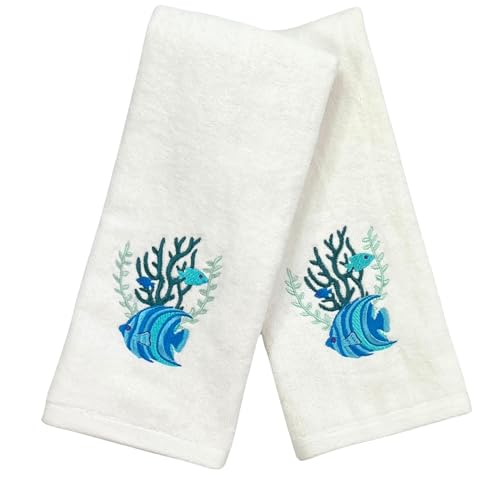 "Serafina Home Summer Soft Absorbent Bathroom Coastal Guest Embroidered Hand Towels: Sealife Tropical Fish Design, 2 Piece 16"" x 25"" Inches"
