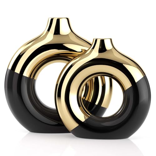 Black and Gold Ceramic Vase Set, Round Vases for Centerpieces and Living Room, Gold Home Decor Accents for Kitchen and Coffee Table,Knick Knacks for Shelves