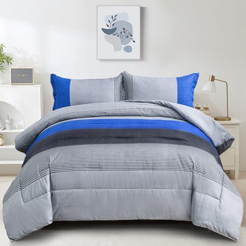 "WONGS BEDDING Blue Comforter Set King Reversible Grey Blue Down Alternative Comforter for King Bed,3 Pieces (1 Comforter+2 Pillowcases), Soft Microfiber Bedding Duvet Set 104""??90"""