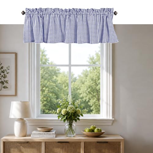 Softopia Cotton Set of 2 Valance Curtains for Windows 58x15 for Living Room Bedroom Kitchen Windows Bathroom, 100% Cotton Farmhouse Vintage Curtain Valances Rod Pocket - Blue