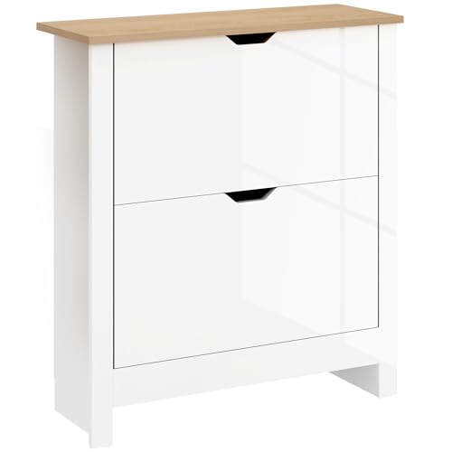 HOMCOM Narrow Shoe Cabinet, Space Saving Shoe Storage Cabinet with 2 Flip Drawers and Adjustable Shelves for 6-12 Pairs of Shoes for Hallways and Living Room, High Gloss White