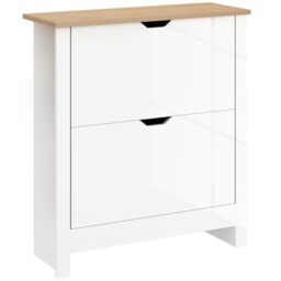 HOMCOM Narrow Shoe Cabinet, Space Saving Shoe Storage Cabinet with 2 Flip Drawers and Adjustable Shelves for 6-12 Pairs of Shoes for Hallways and Living Room, High Gloss White