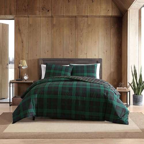 Eddie Bauer - 100% Cotton Soft & Cozy Premium Quality Plaid Reversible Duvet Cover Matching Shams, 3-Piece Bedding Set, Green, King