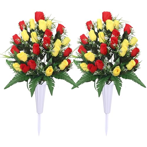 Lodou Artificial Cemetery Flowers,Outdoor Grave Decorations Roses,Arrangements Bouquet with Cemetery Vase, Silk Flowers for Long-Lasting Remembrance (Red Yellow)
