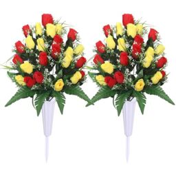 Lodou Artificial Cemetery Flowers,Outdoor Grave Decorations Roses,Arrangements Bouquet with Cemetery Vase, Silk Flowers for Long-Lasting Remembrance (Red Yellow)