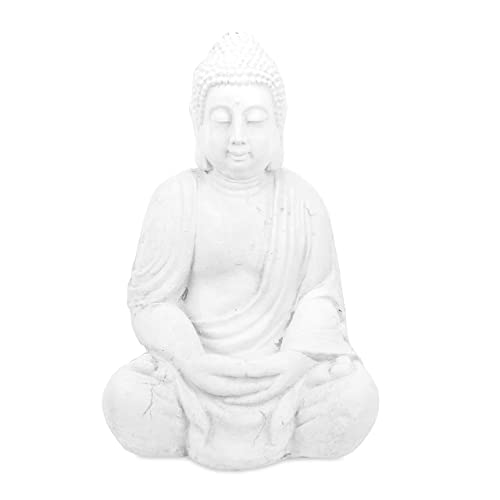Relaxdays Garden Decoration Sculpture Sitting Buddha 70 cm, Weatherproof, Idea, for Indoors and Outside, White