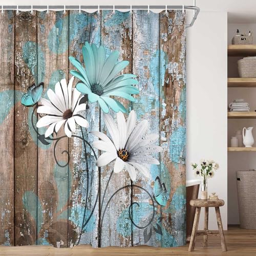 JAWO Farmhouse Flower Floral Shower Curtain, Rustic Teal Turquoise Daisy Shower Curtain Set, Country Blue Wild Garden Plant Fabric Shower Curtain with Hooks, Surreal Bathroom Curtain, 69x70inch