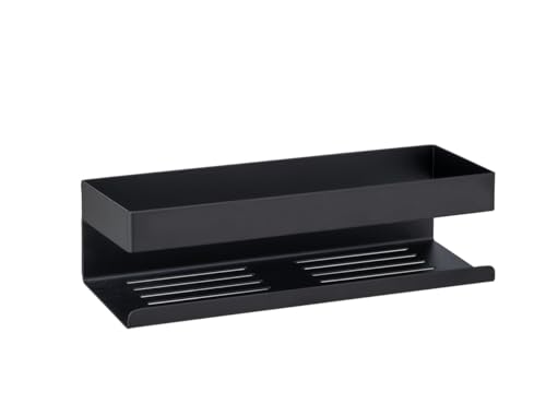 WENKO Turbo-Loc?? Genova Black Wall Shelf, Bathroom Shelf Made of Matt Lacquered Stainless Steel for Attaching without Drilling with Adhesive Pad System, 30x8x10.5 cm, Black