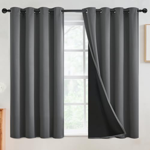 SimpleHome Grey 100% Blackout Curtains Room Darkening Living Room 54 Inch - Curtains for Bedroom,Thermal Insulated Grommet Window Drapes,Curtains for Living Room with Black Back,52 x 54 Inch,2 Panels