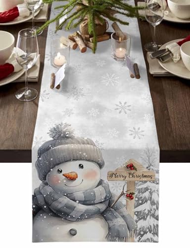 Christmas Table Runner 13x48 Inches Long Snowman Table Runners Washable Cotton Linen Grey Snowflake Pine Tree Dresser Scarf Kitchen Dining Table Decor for Christmas Holiday Party Coffee