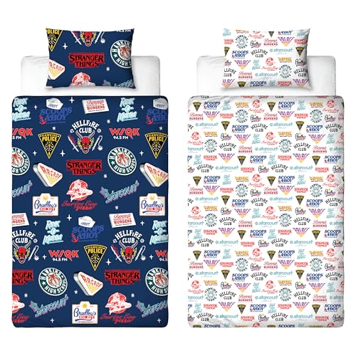 Stranger Things Official Single Duvet Cover - Gorgon Design, Reversible Easy Care Bedding 2 Sided Duvet Quilt Set with Matching Pillow Case, Multicolour Print with Hellfire Club, Hawkins Logos