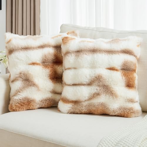 FUTEI Pack of 2 Faux Fur Throw Pillow Covers 24x24 Inch Soft Raised Textured Decorative European Cushion Cases Modern Farmhouse Accent for Couch Bed Living Room, Brown White