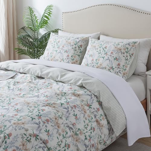 HoneiLife Duvet Dover Queen Size - 100% Cotton Comforter Cover, Breathable Bedlinen for Set for Queen Beds, 3-PC Wildflower Comforter Cover Sets,Desert Rose