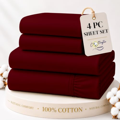 Cottington Lane 100% Cotton Twin Sheet Set, 4 Piece Burgundy Luxury Hotel Quality Sheets, Deep Pocket Fits 8-16 Inch Mattress, Soft, Durable, Cooling & Breathable Bedding for Twin Bed