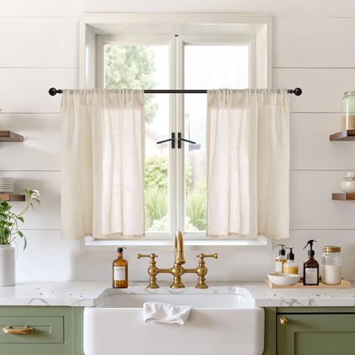 BGment Short Natutal Linen Curtains 30 Inch Length for Kitchen Windows, Small Sheer Drapes Lightweight Rustic Textured for Cafe Bathroom Over Sink Decor Rod Pocket, 2 Panels Set, 30 Inch Wide