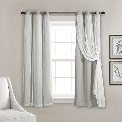 "Lush Decor Sheer Grommet Curtains With Insulated Blackout Lining, Window Curtain Panels, Pair, 38"" W x 45"" L, Light Gray - Curtain With Sheer Overlay, Elegant Blackout Curtains for Bedroom"