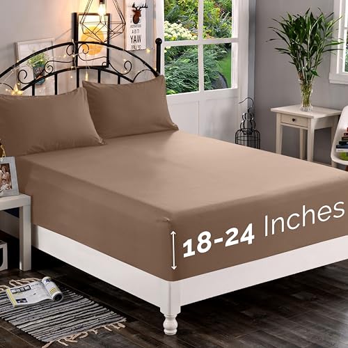 Elegant Comfort 1500 Premium Quality Fitted Sheet Ultra Soft 18-24 Inch Extra Deep Pocket - Single Fitted Sheet for High Mattress - Wrinkle Free with Smart Storage Pockets, California King, Taupe