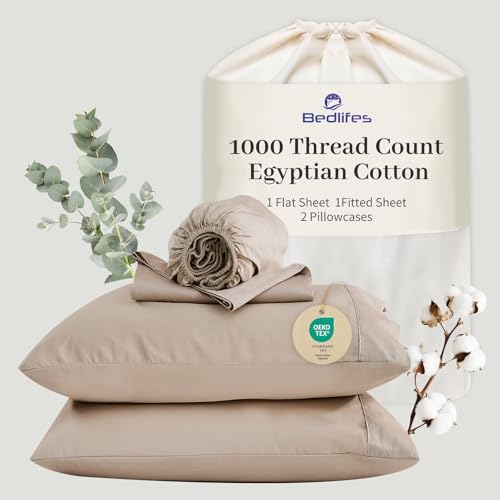 "Bedlifes Egyptian Cotton Sheets 1000 Thread Count California King Size, 4-Piece 16"" Deep Pocket - Cooling & Breathable Ultra Soft Bedding for Hotel Comfort (Linen)"