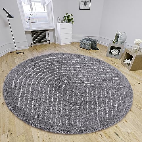 Hanse Home Dion High Pile Round Rug - Round Living Room Rug, Long Pile Shaggy Striped Pattern, Fluffy Soft for Living Room, Bedroom, Teenager's Room - Dark Grey, 120 cm