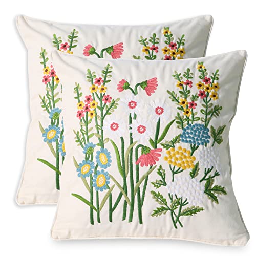 Pilmandu Set of 2 Embroidered Decorative Throw Pillow Covers 45x45cm Couch Square Pillowcases Cushion for Bedroom Sofa Farmhouse Decor (Daisy)