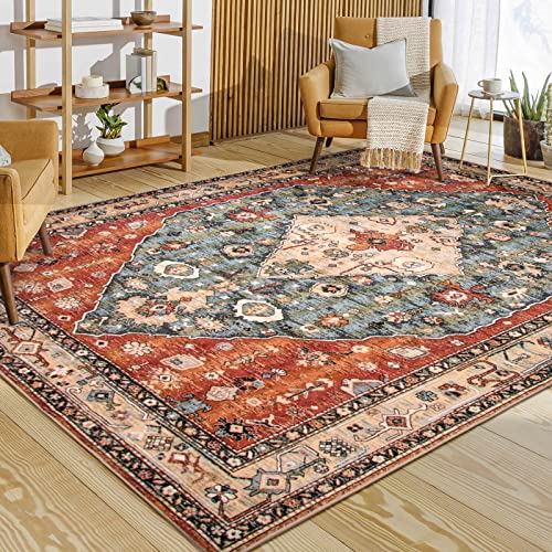 Lahome Boho Tribal Area Rug - 8x10 Large Living Room Area Rug for Bedroom Aesthetic, Washable Playroom Mat Vintage Soft Nursery Accent Carpet for Dining Family Room Foyer Apartment Den,Rust