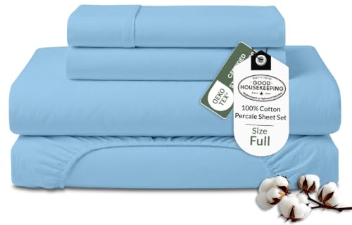 Royale Linens 100% Organic Cotton Full Sheet Set - Percale Weave - 4 Pieces Set - 1 Flat, 1 Deep Pocket Fitted Sheet and 2 Pillowcases - Lake Blue Bed Sheets - S??banas Full - Crisp Cool (Lake Blue)