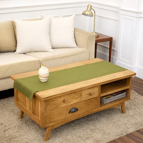 Solino Home Linen Avocado Green Hemstitch Table Runner 48 Inches - 100% Pure Linen Small Table Runner 14 x 48 Inch Ideal for Dresser and Coffee Tables - Classic Hemstitch - Fall, Autumn, Thanksgiving